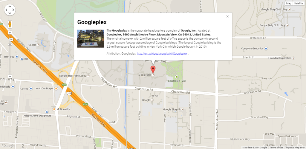 Googleplex map with image and information window screenshot - CodexWorld