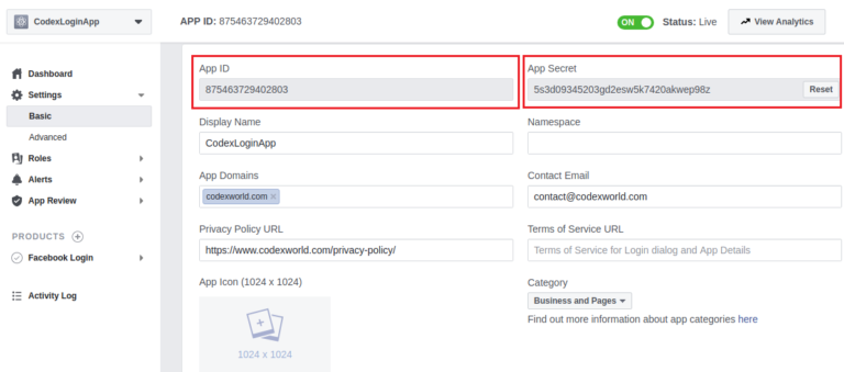 facebook-app-create-id-secret-api-settings-codexworld - CodexWorld